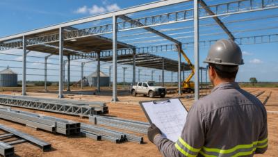 Engenheiro com capacete inspeciona a montagem de uma estrutura metálica em obra, com planta na prancheta