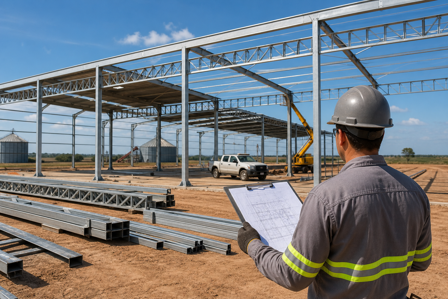 Engenheiro com capacete inspeciona a montagem de uma estrutura metálica em obra, com planta na prancheta