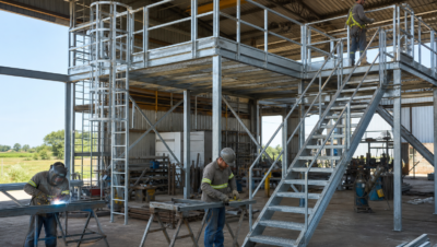 Trabalhadores montam uma estrutura metálica com escada e plataforma em uma oficina industrial